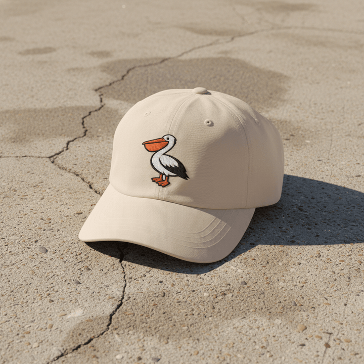 Pelican Beach stone dad cap on light cracked cement with wet marks