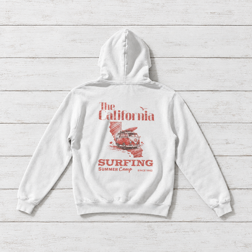 California Surfing Camp white hoodie flat lay on whitewashed boards