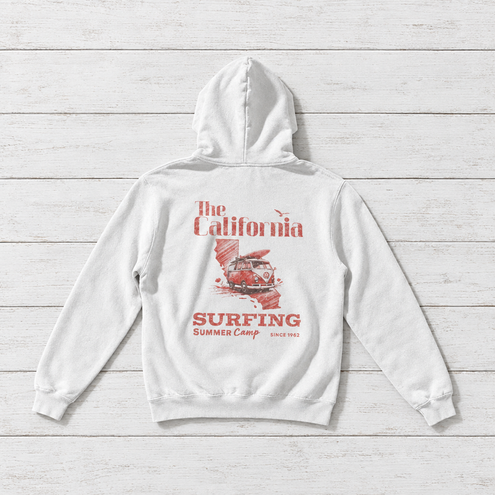 California Surfing Camp white hoodie flat lay on whitewashed boards