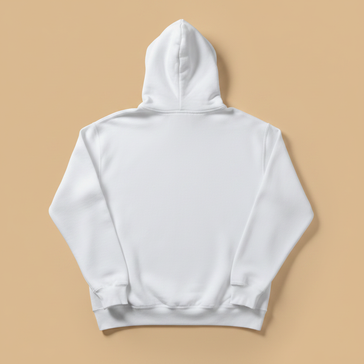 Fish Hoodie in White — plain back, warm sand studio background