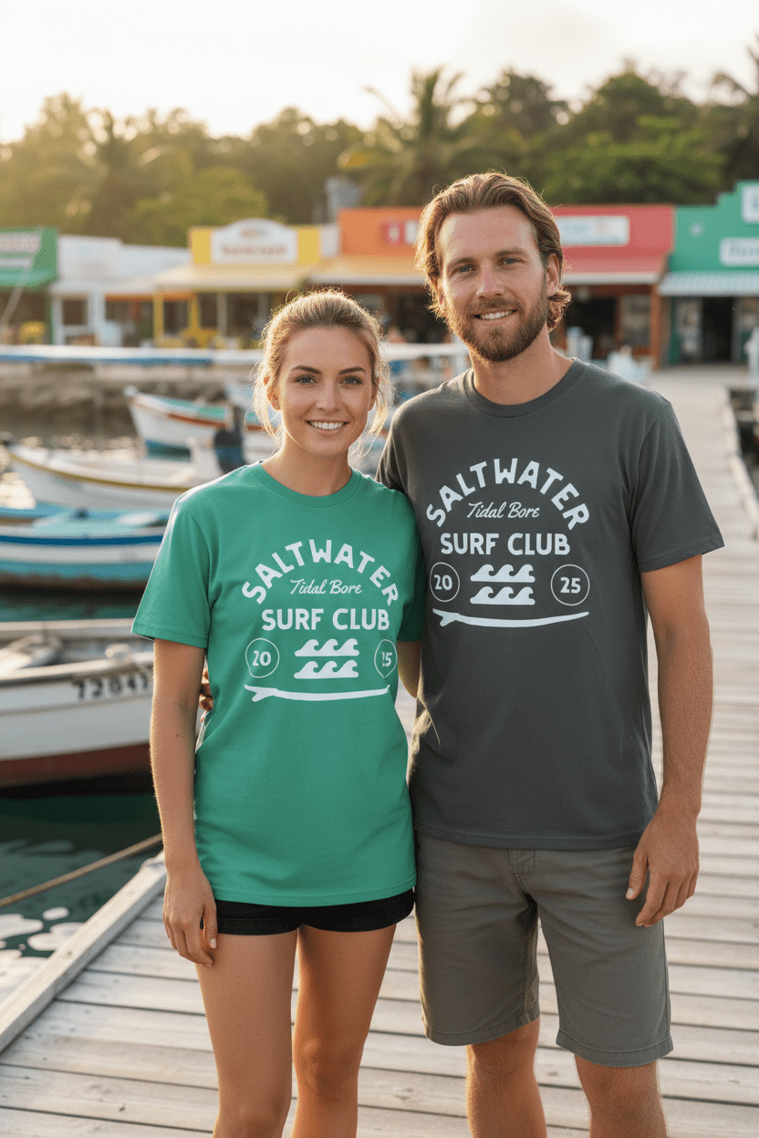 Couple lifestyle - green and charcoal Saltwater Surf Club tees, tropical island dock