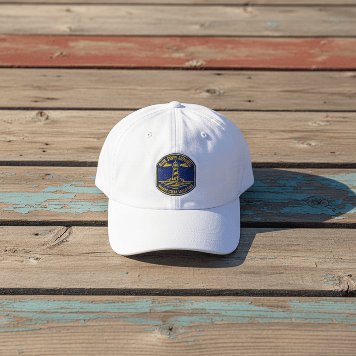 New England Lighthouse Patch Embroidered Cap white on faded driftwood planks