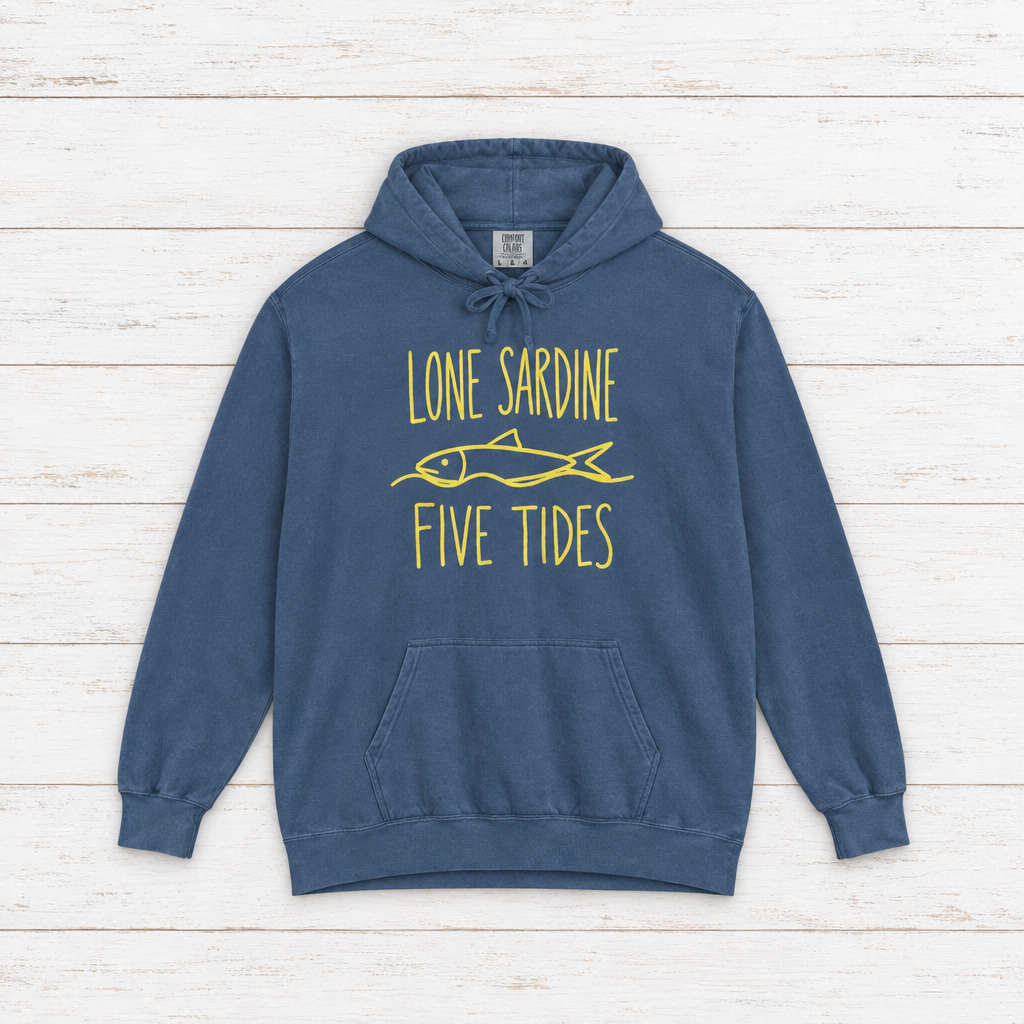 Lone Sardine hoodie flat lay on whitewashed boards