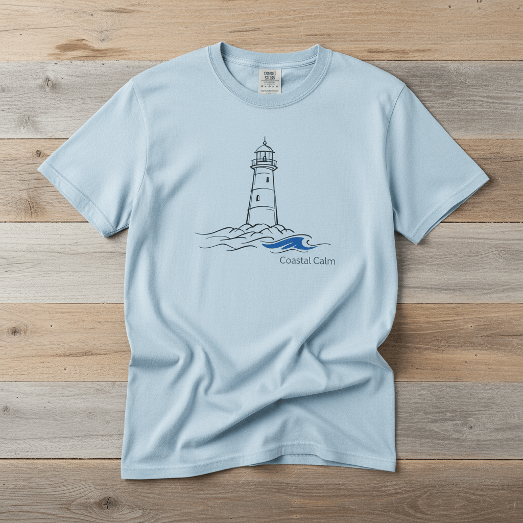 Coastal Calm Lighthouse Blue Sea chambray garment-dyed tee on faded driftwood planks