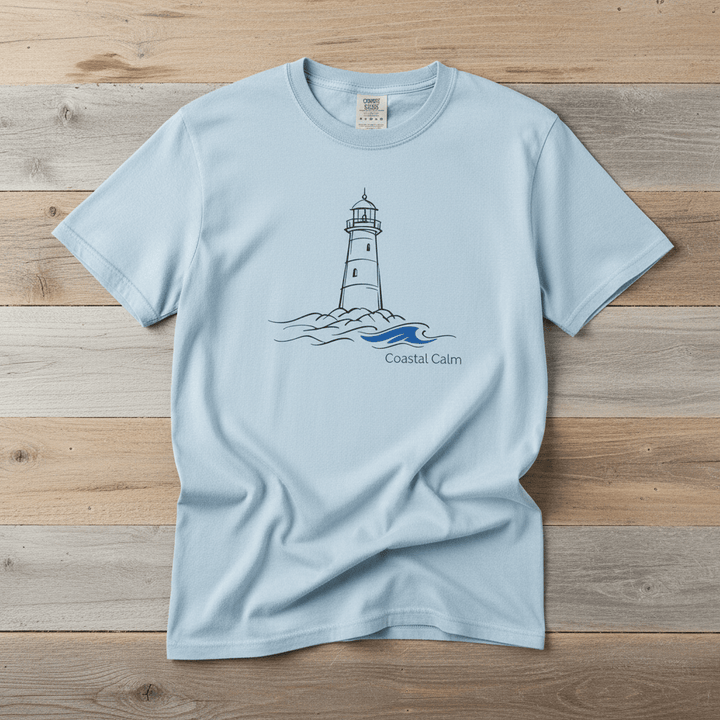 Coastal Calm Lighthouse Blue Sea chambray garment-dyed tee on faded driftwood planks