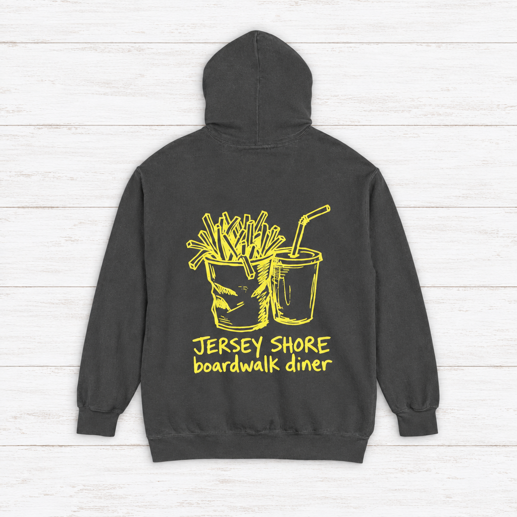 Jersey Shore Boardwalk Diner hoodie flat lay on whitewashed boards