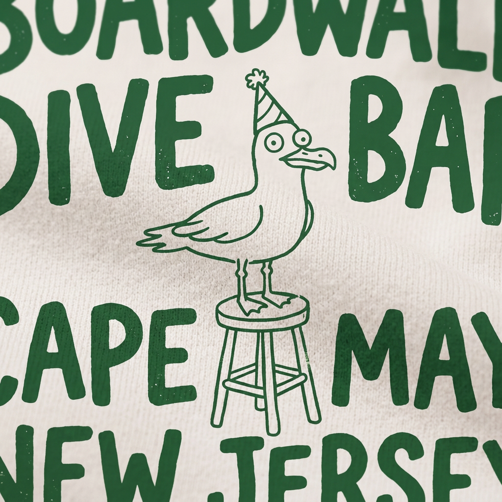 Cape May Dive Bar white hoodie green party hat seagull and bar stool graphic close-up