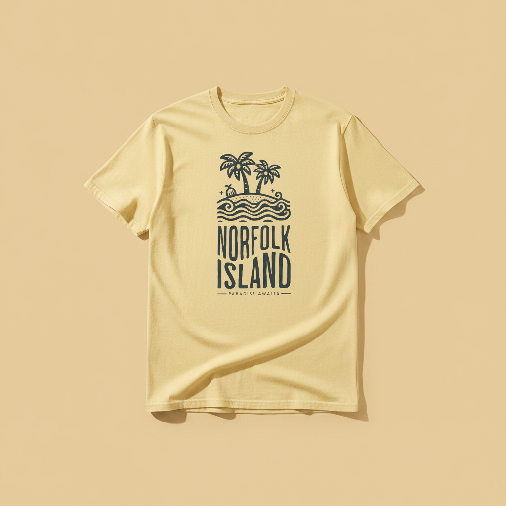 Norfolk Island Tee in Butter Yellow — front graphic, warm sand studio background