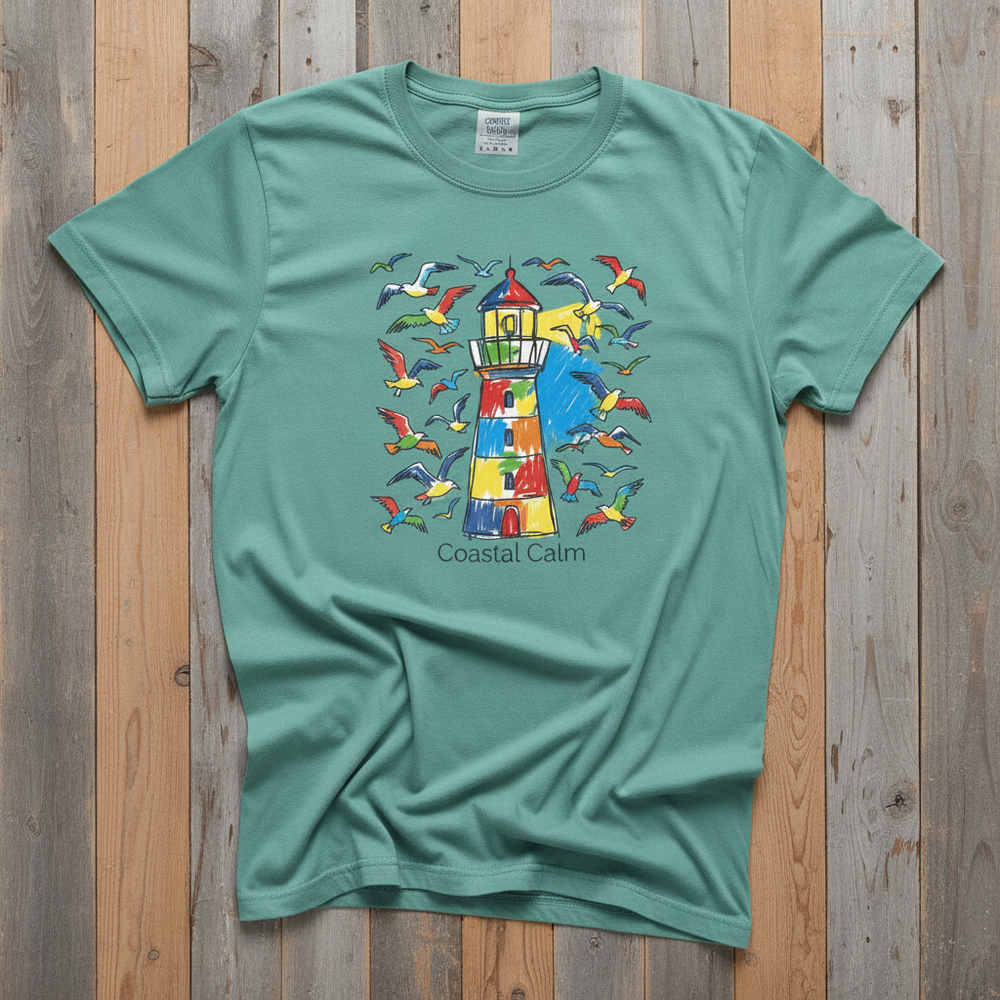 Coastal Calm Summer Lighthouse Seagull seafoam garment-dyed tee on faded driftwood planks