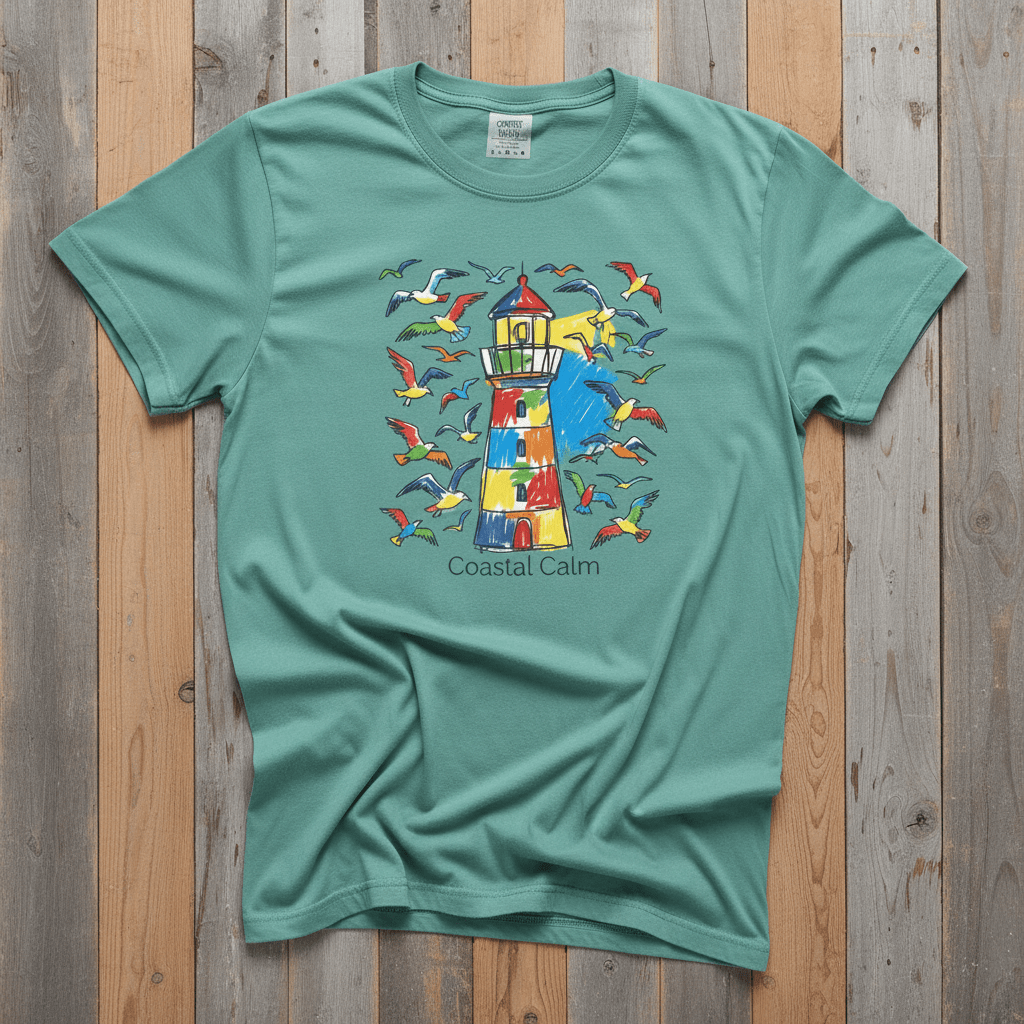 Coastal Calm Summer Lighthouse Seagull seafoam garment-dyed tee on faded driftwood planks