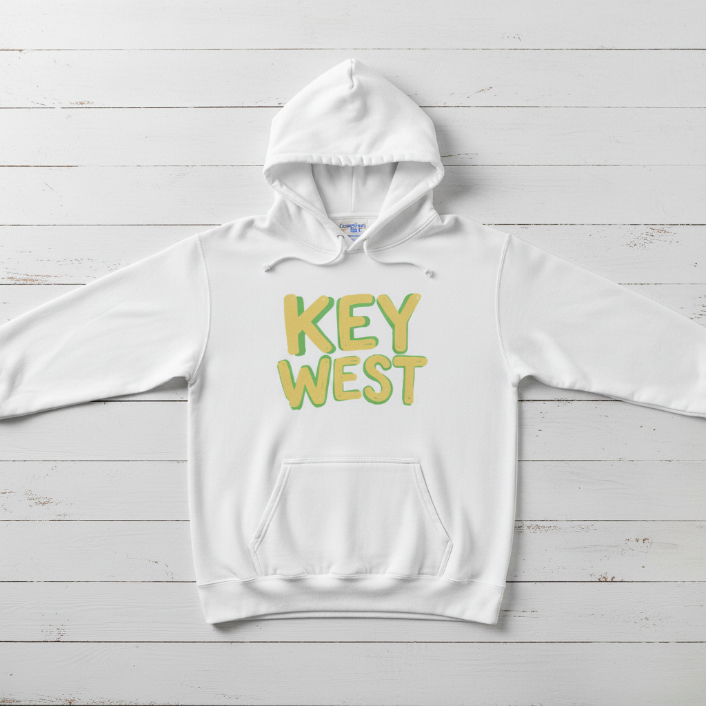 White Key West hoodie front flat lay on whitewashed boards