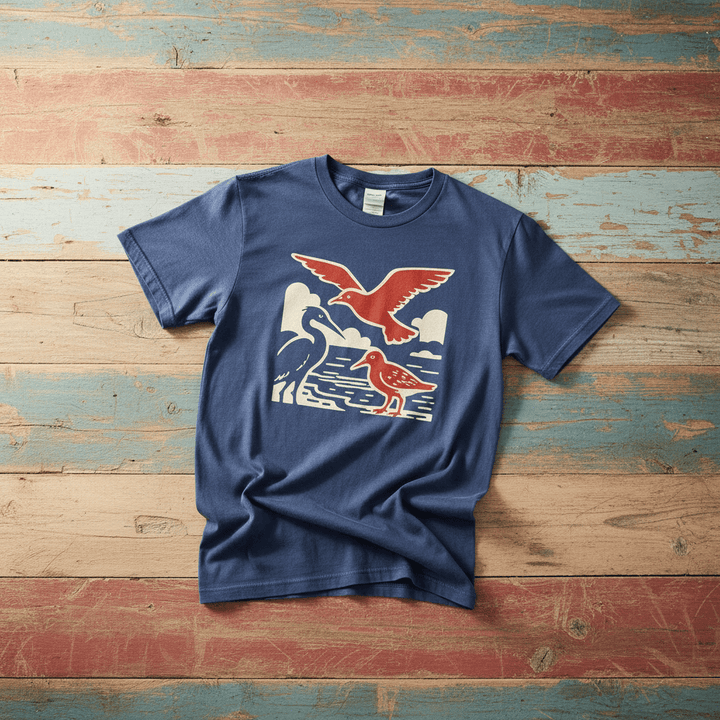 Nature-Inspired High Tide Beach china blue garment-dyed tee tossed on retro-grunge driftwood planks