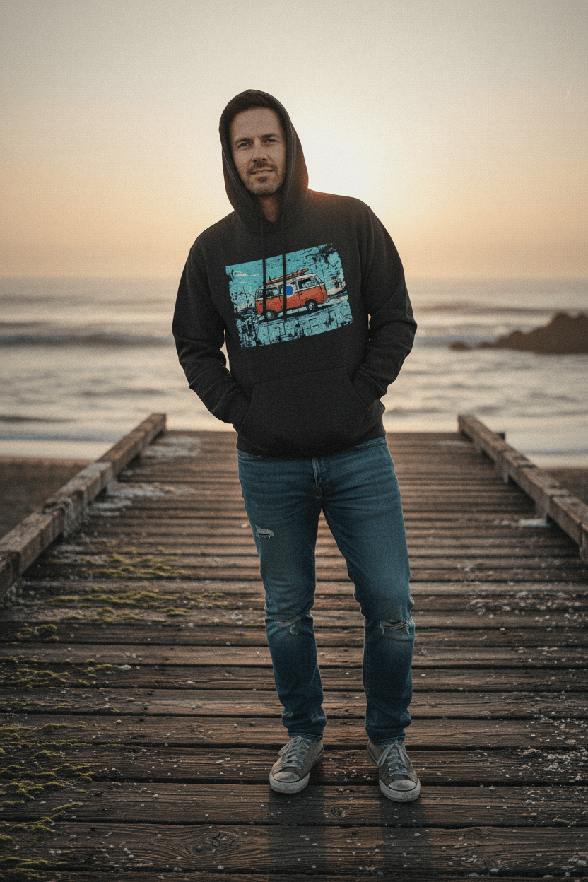Man in his late 30s wearing Retro Surf Van charcoal heather hoodie on weathered beach dock
