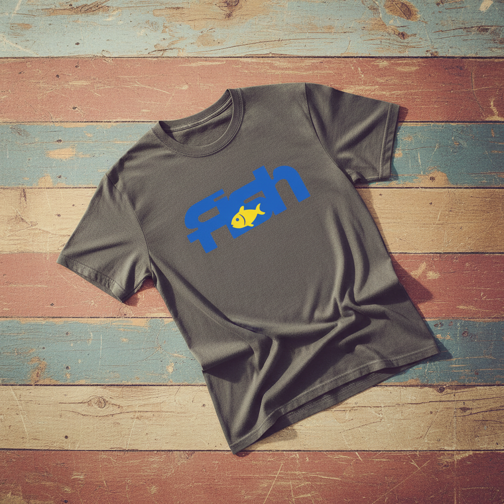 Fish graphite garment-dyed tee tossed on retro-grunge driftwood planks