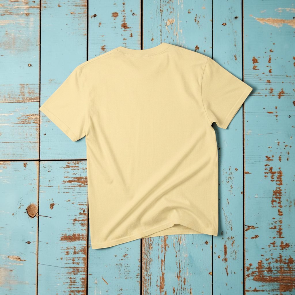 Salt Rooted Vinyl Record Tee in Banana Yellow — plain back, warm sand studio background