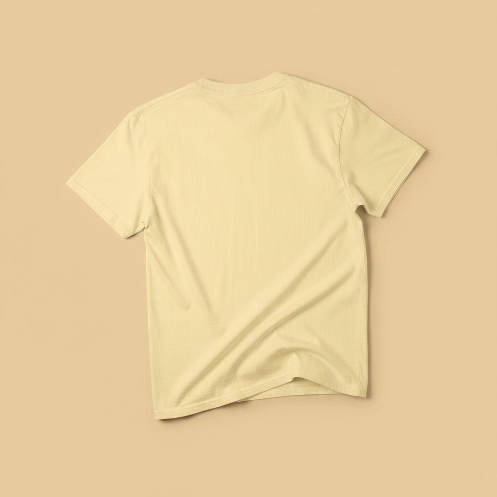 Salt Rooted Vinyl Record Tee in Banana Yellow — plain back, warm sand studio background