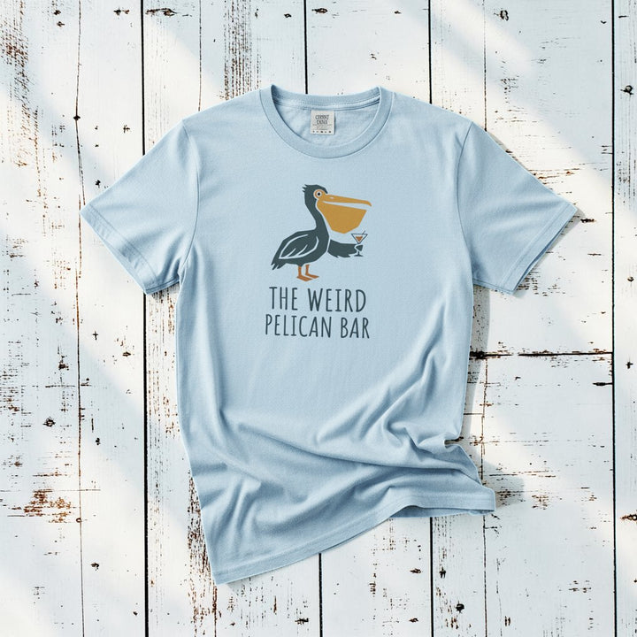 Pelican Bar chambray garment-dyed tee on weathered wood planks