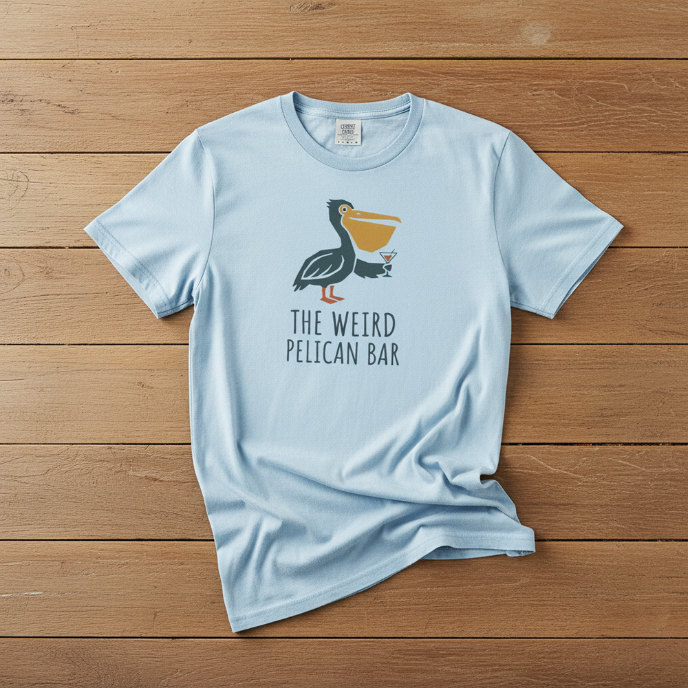 Pelican Bar chambray garment-dyed tee on weathered wood planks