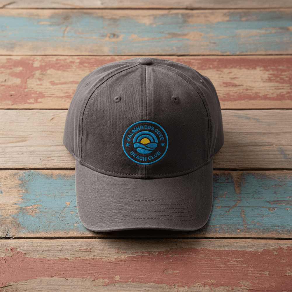 Saltwater Cove Beach Club Embroidered Cap dark grey on faded driftwood planks