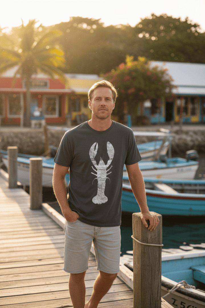 Male lifestyle - charcoal lobster tee, tropical island dock