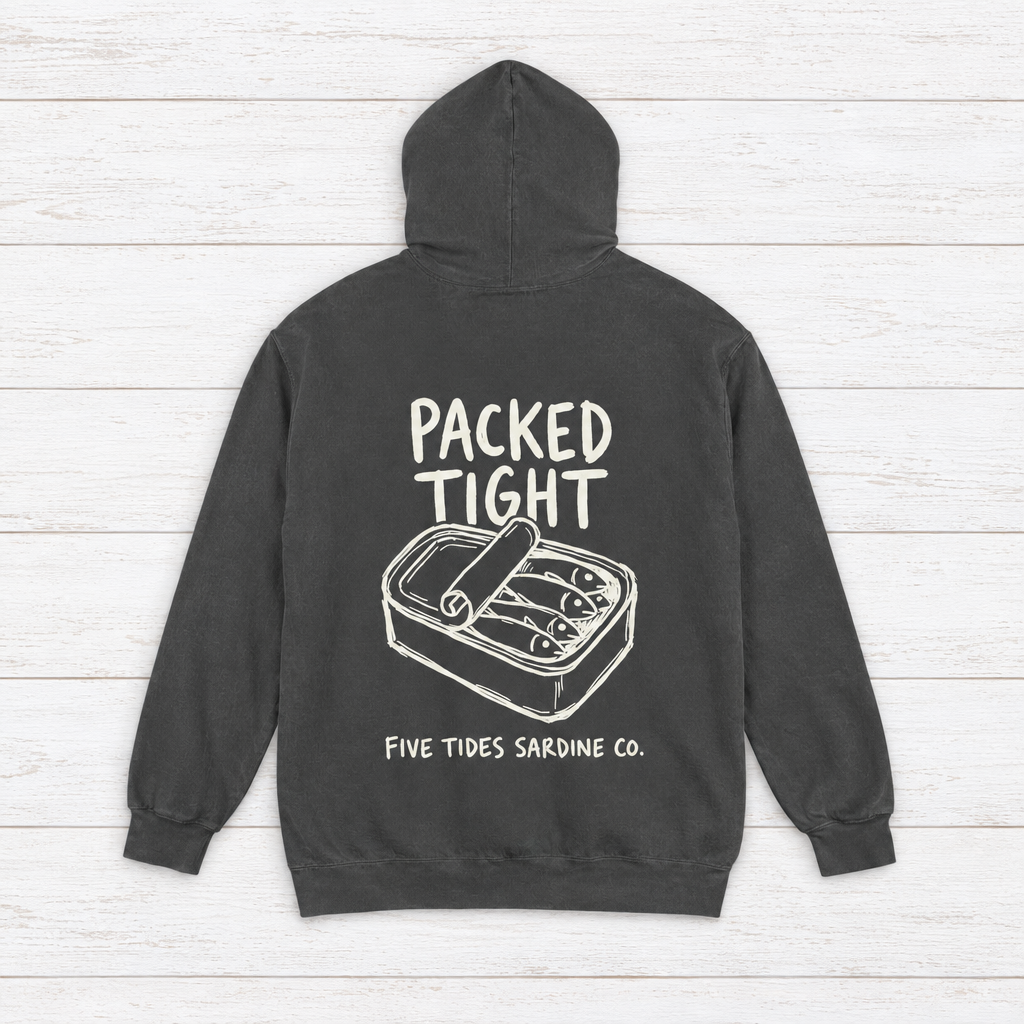 Five Tides Sardine Co. hoodie flat lay on whitewashed boards