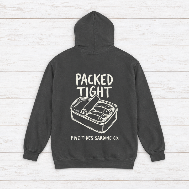 Five Tides Sardine Co. hoodie flat lay on whitewashed boards