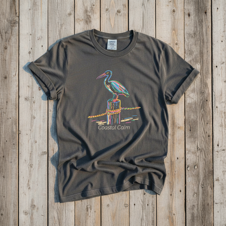 Pelican Pier Coastal Calm graphite garment-dyed tee on faded driftwood planks