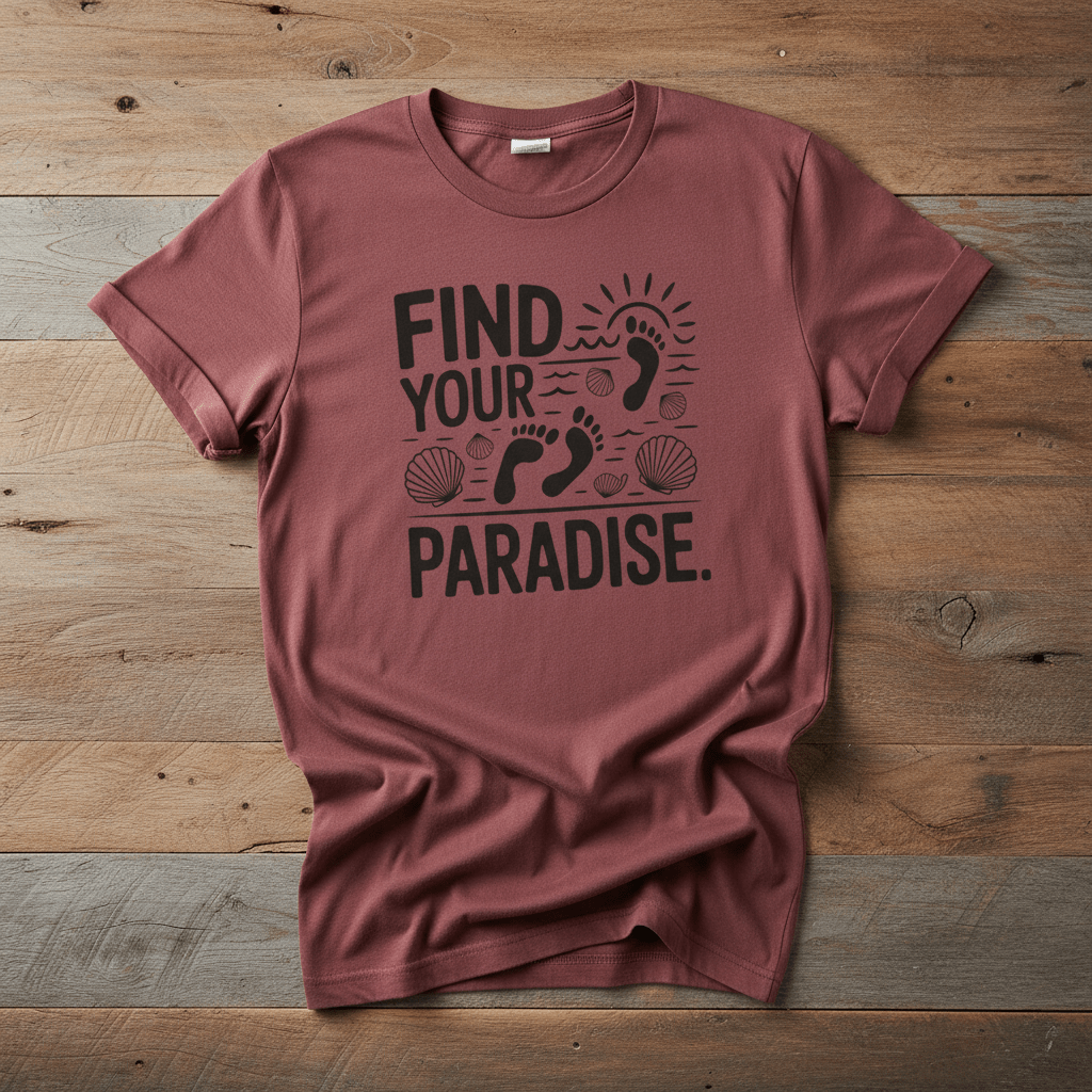 Find Your Paradise brick garment-dyed footprints tee casually tousled on rustic reclaimed wood