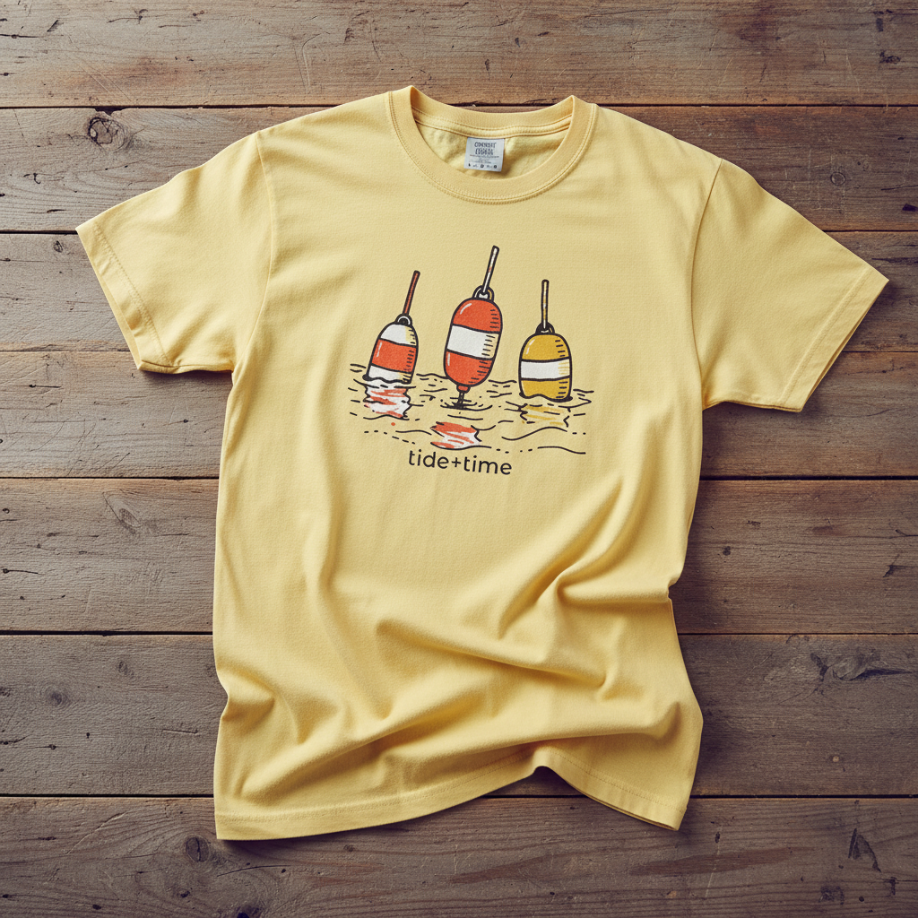 Tide + Time Beach Buoy banana garment-dyed tee casually tousled on rustic reclaimed wood