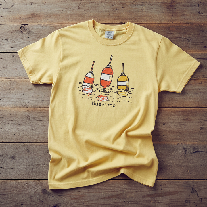 Tide + Time Beach Buoy banana garment-dyed tee casually tousled on rustic reclaimed wood