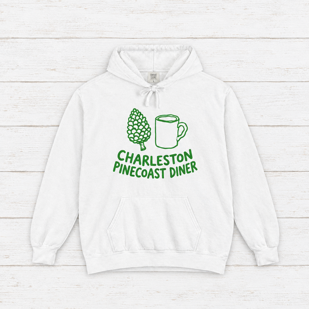 Pinecoast Diner hoodie flat lay on whitewashed boards