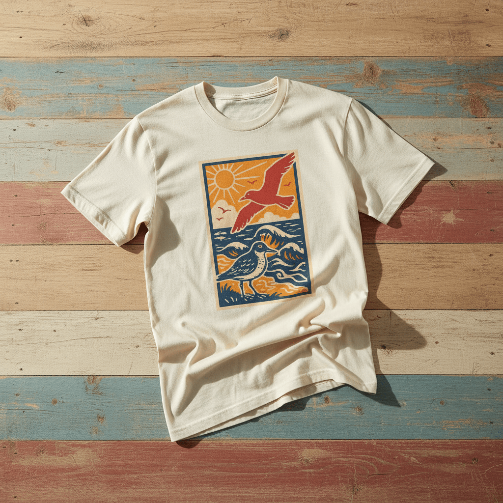 Ocean Beach Summer Breeze ivory garment-dyed tee tossed on retro-grunge driftwood planks
