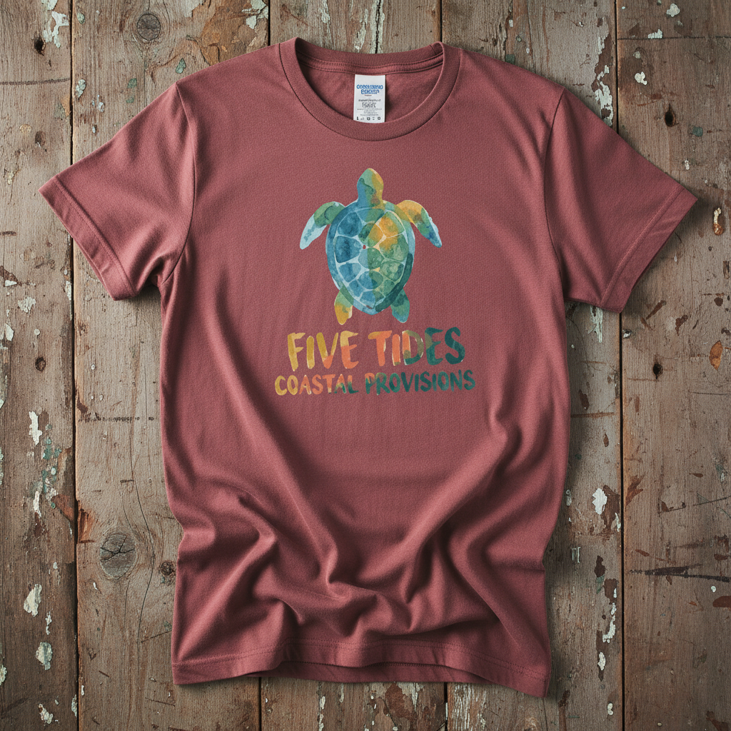 Sea Turtle Coastal brick garment-dyed tee casually tousled on rustic reclaimed wood