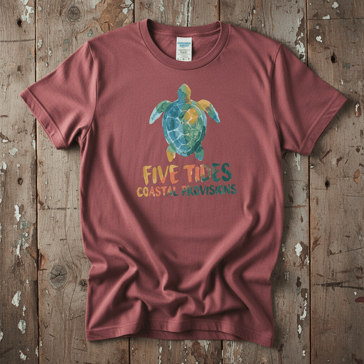 Sea Turtle Coastal brick garment-dyed tee casually tousled on rustic reclaimed wood