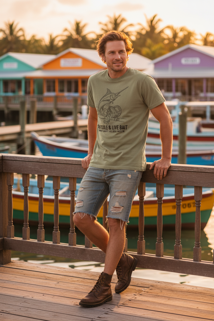 Male model wearing khaki OBX Tackle &amp; Live Bait tee on tropical island dock