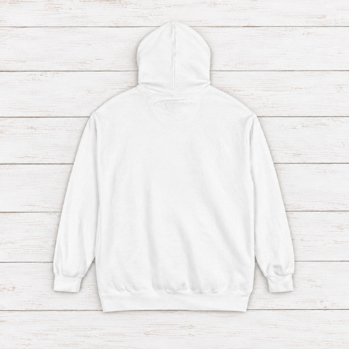 Chesapeake Crab House hoodie flat lay on whitewashed boards