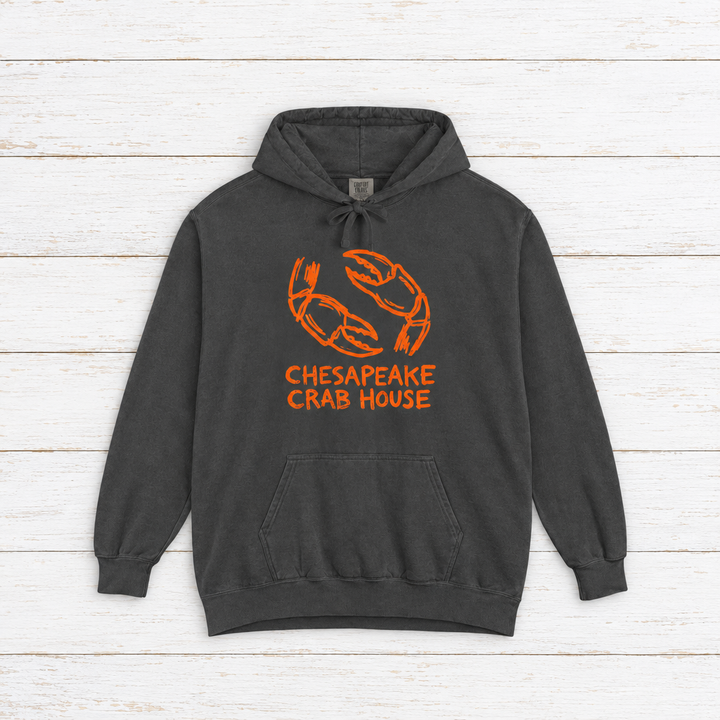 Chesapeake Crab House hoodie flat lay on whitewashed boards
