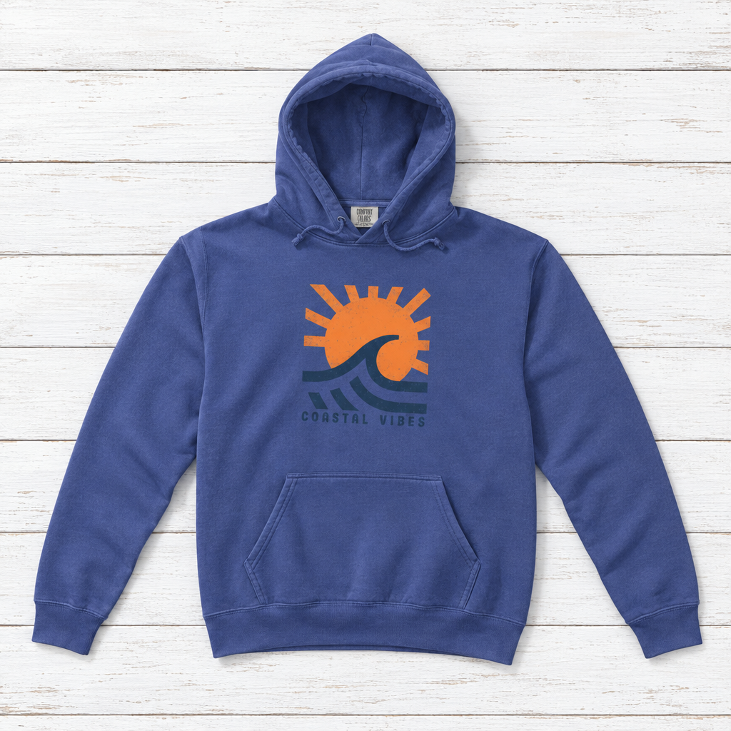 Coastal Vibes Beach hoodie flat lay on whitewashed boards