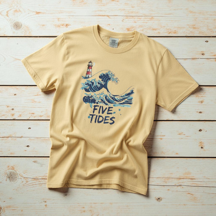 Wave &amp; Lighthouse banana garment-dyed tee casually tousled on rustic reclaimed wood