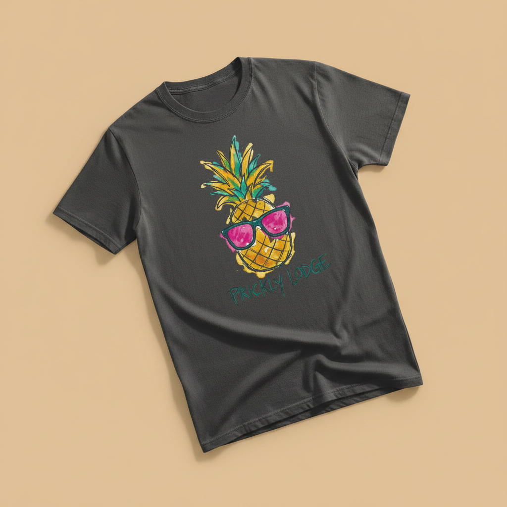 Prickly Lodge Pineapple Tee in Graphite — front graphic, warm sand studio background