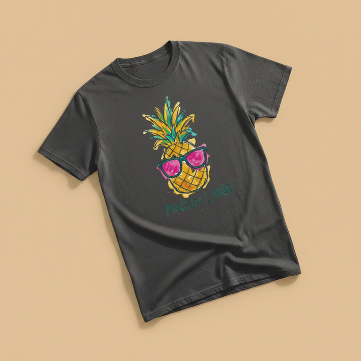 Prickly Lodge Pineapple Tee in Graphite — front graphic, warm sand studio background
