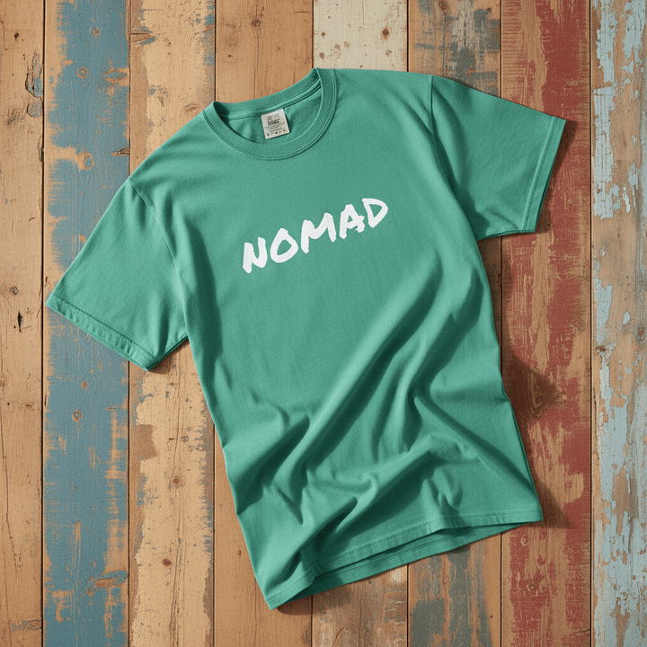 Flatlay - green NOMAD tee on driftwood