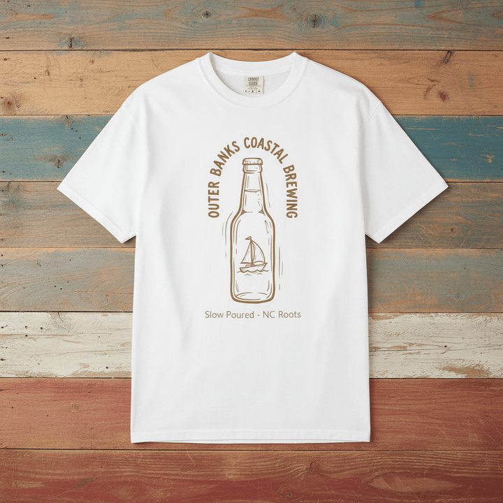Coastal Brewing Bottle Graphic Tee — White on Colorful Driftwood