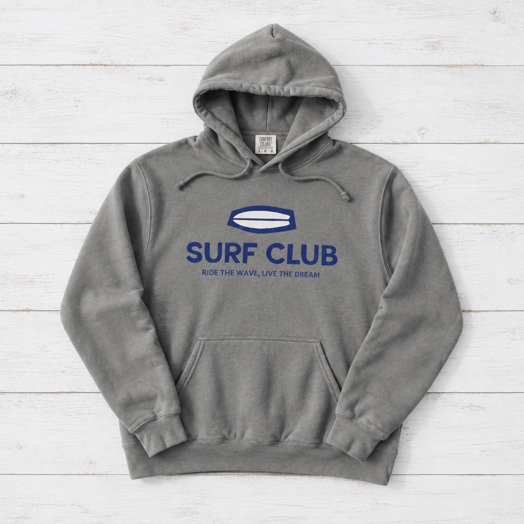 Grey Surf Club II hoodie front flat lay on whitewashed boards