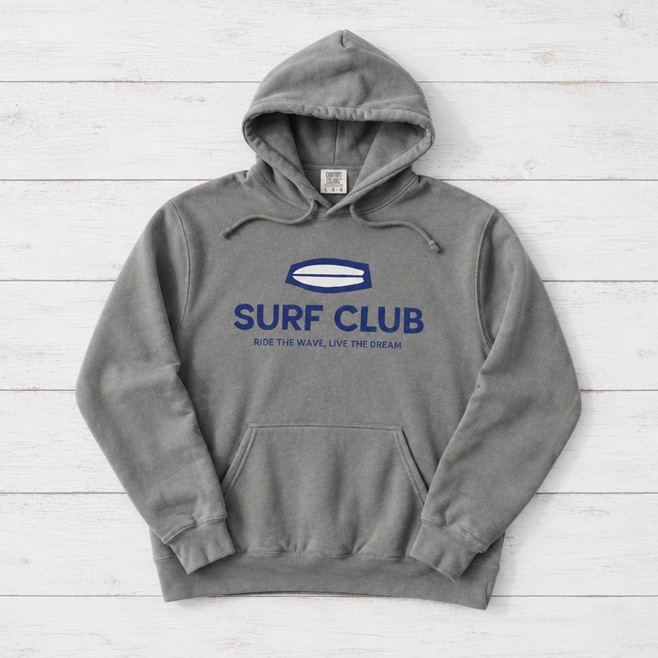 Grey Surf Club II hoodie front flat lay on whitewashed boards