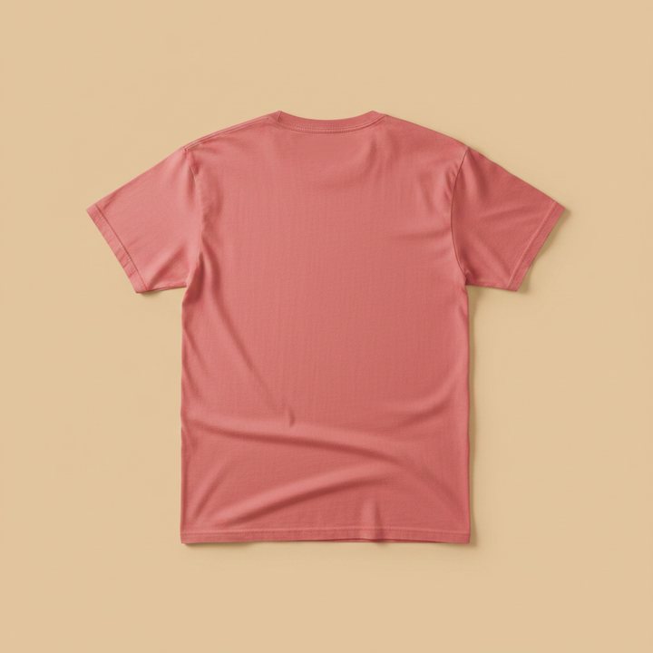 Palm Bliss Wildlife Oasis Tee in Coral Pink — plain back, warm sand studio background
