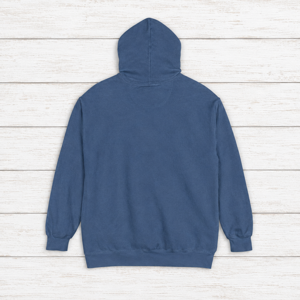 Pinecoast Diner hoodie flat lay on whitewashed boards