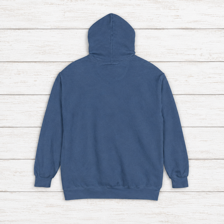 Pinecoast Diner hoodie flat lay on whitewashed boards