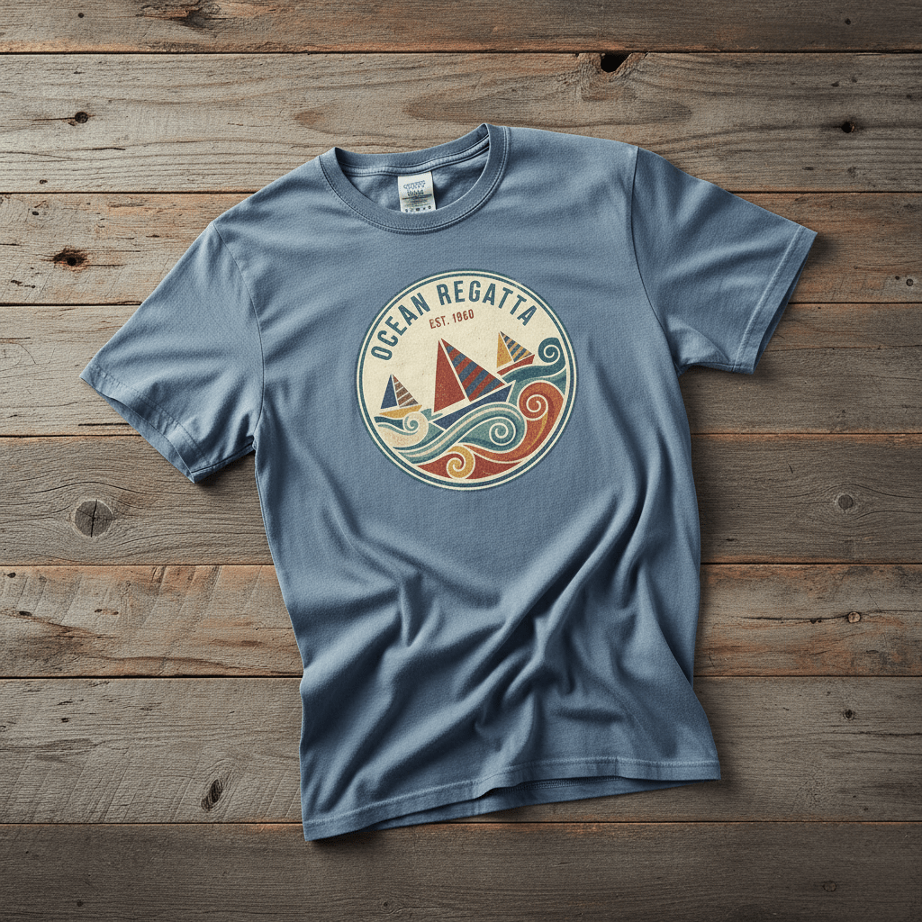 Vintage Sailboat Regatta blue jean garment-dyed tee casually tousled on rustic reclaimed wood