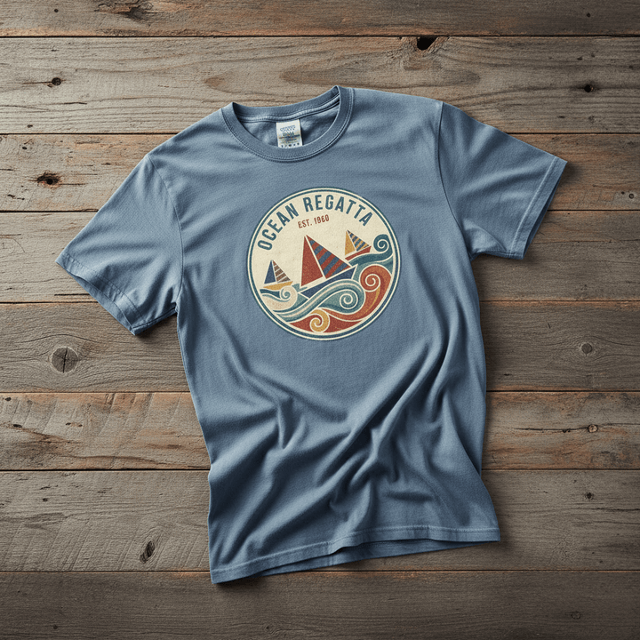 Vintage Sailboat Regatta blue jean garment-dyed tee casually tousled on rustic reclaimed wood